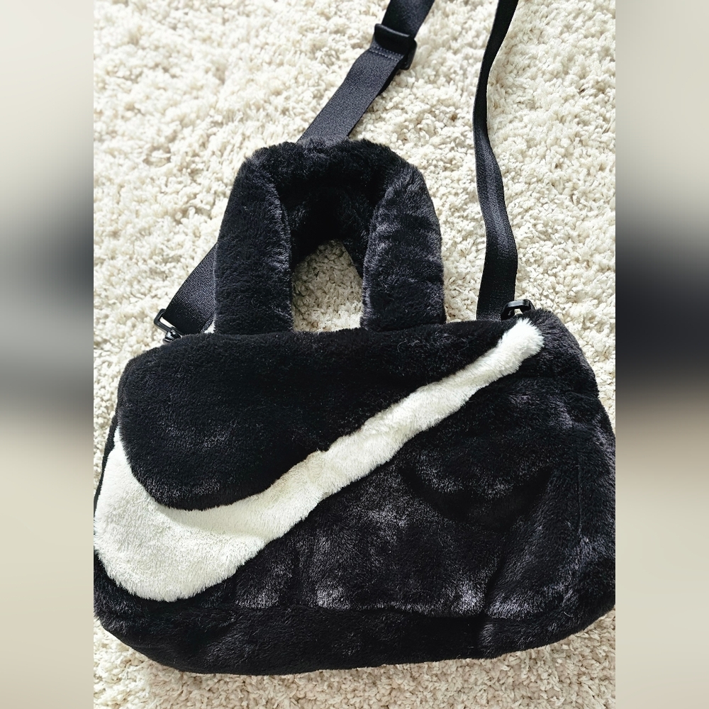 Nike Black and White Fuzzy Faux Fur Tote Bag